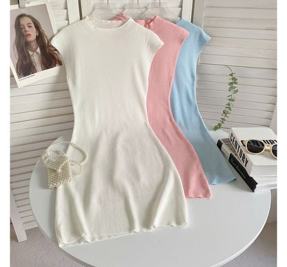 Cap-Sleeve Mock Neck Plain Knit Mini Bodycon Dress