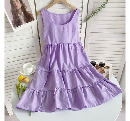 Sleeveless Scoop Neck Plain Tiered A-Line Dress