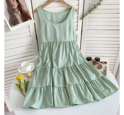 Sleeveless Scoop Neck Plain Tiered A-Line Dress