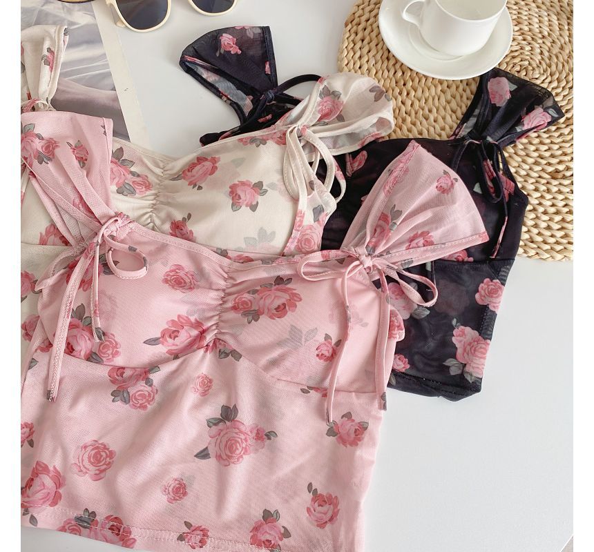 Cap-Sleeve V-Neck Floral Print Bustier Crop Top