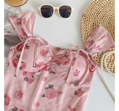 Cap-Sleeve V-Neck Floral Print Bustier Crop Top