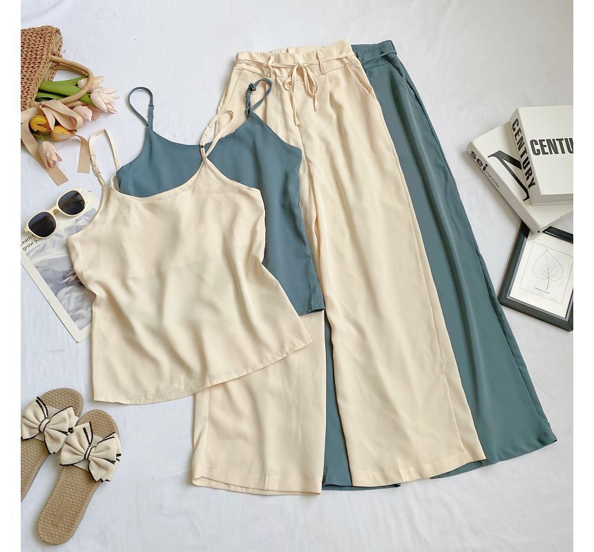 Set: Plain Camisole Top + High Waist Wide Leg Pants