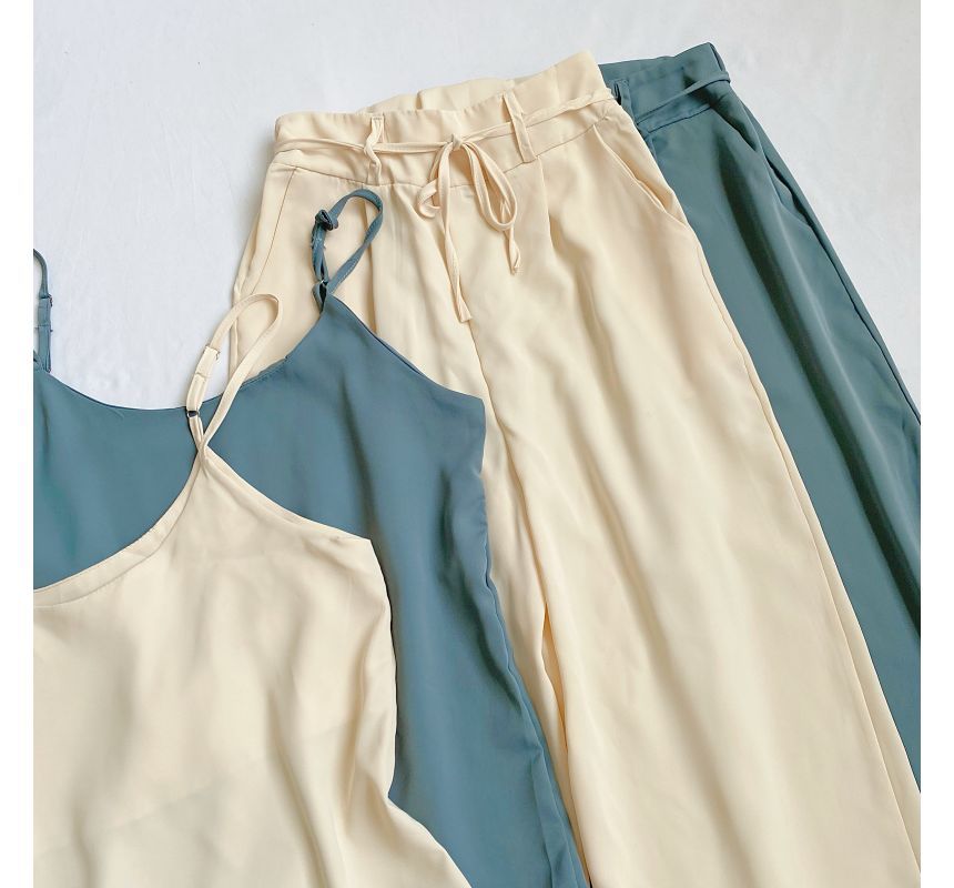 Set: Plain Camisole Top + High Waist Wide Leg Pants