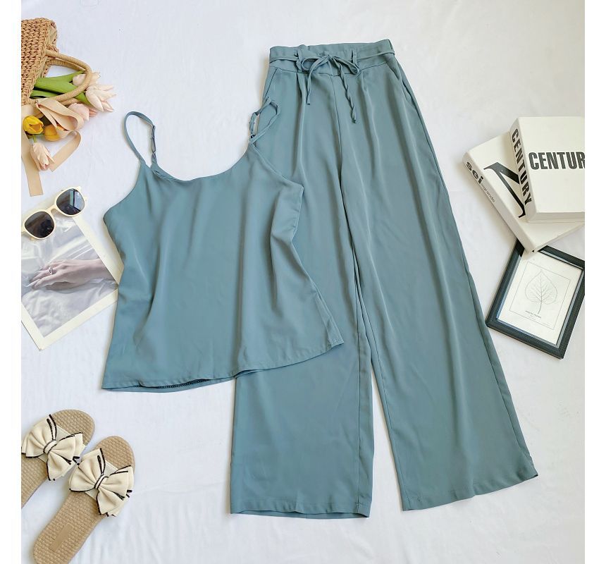 Set: Plain Camisole Top + High Waist Wide Leg Pants