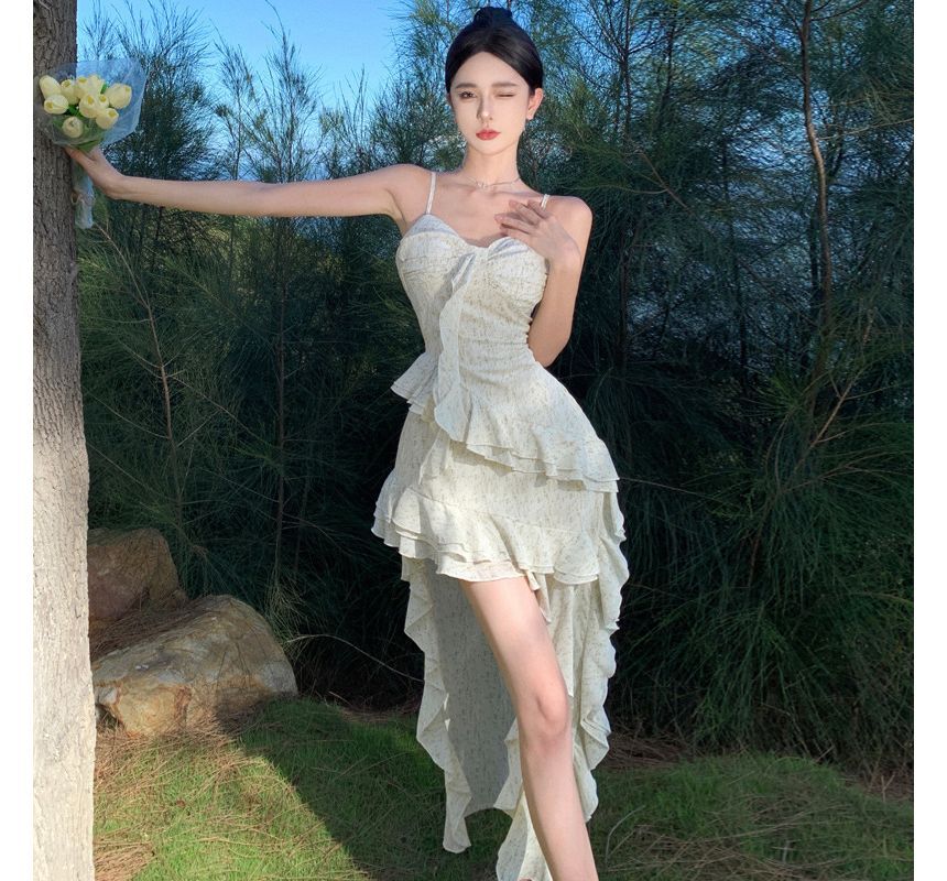 Floral Ruffle Maxi A-Line Spaghetti Dress Trim Strap