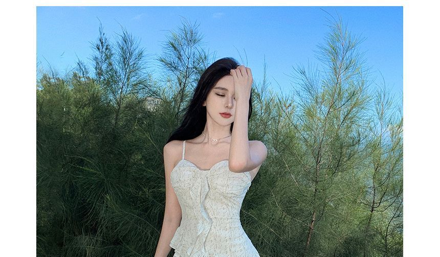 Floral Ruffle Maxi A-Line Spaghetti Dress Trim Strap