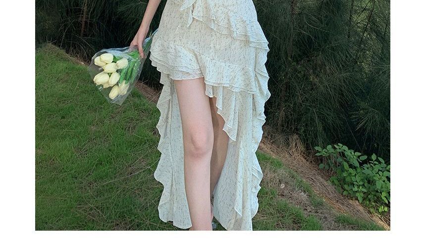 Floral Ruffle Maxi A-Line Spaghetti Dress Trim Strap