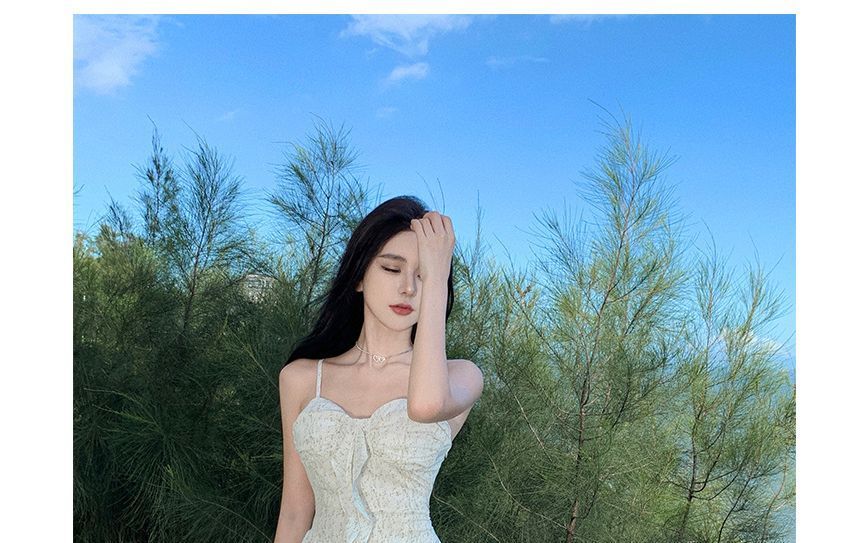 Floral Ruffle Maxi A-Line Spaghetti Dress Trim Strap