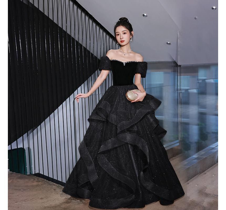 Short-Sleeve Off Rhinestone Glitter Shoulder A-Line Gown Panel Evening Ruffle Velvet