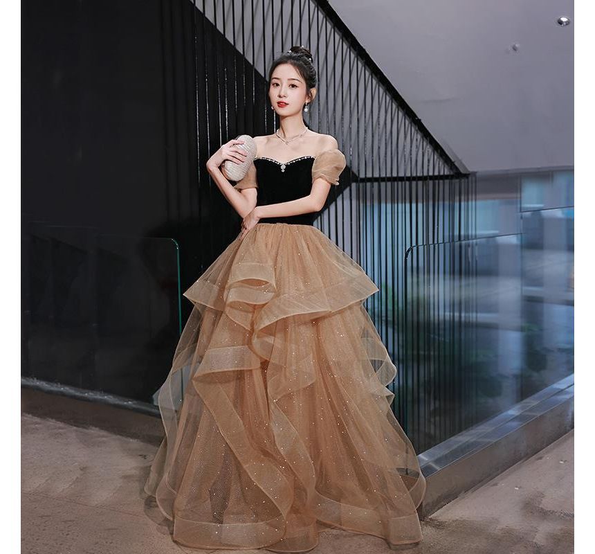 Short-Sleeve Off Rhinestone Glitter Shoulder A-Line Gown Panel Evening Ruffle Velvet