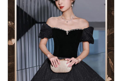 Short-Sleeve Off Shoulder Glitter Rhinestone Ruffle Panel Velvet A-Line Evening Gown