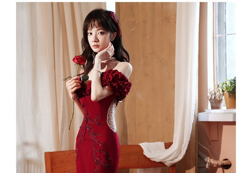 Ruched Evening Beaded Gown Plain Panel Off Mesh Mermaid Short-Sleeve Shoulder