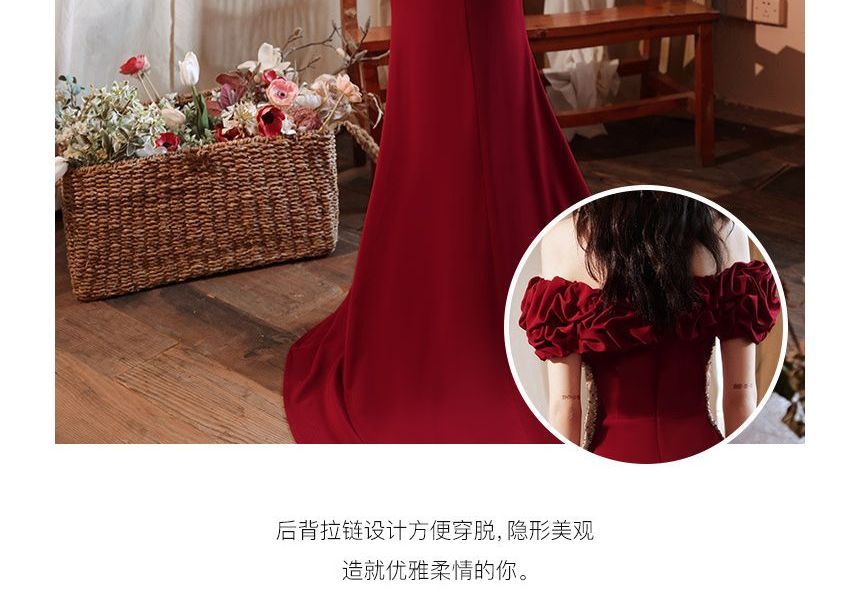 Ruched Evening Beaded Gown Plain Panel Off Mesh Mermaid Short-Sleeve Shoulder