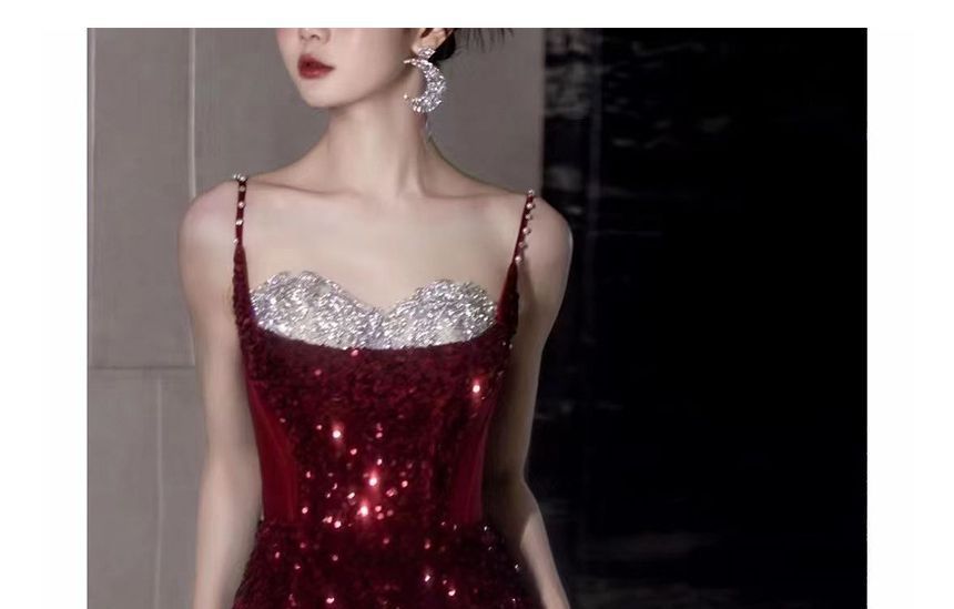 Slit Evening Mesh Spaghetti Sequin Tone Two A-Line Strap Panel