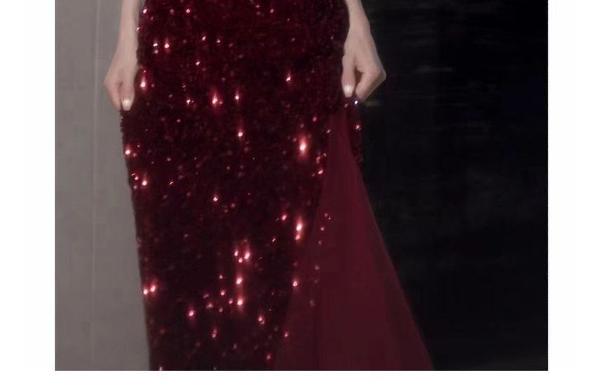 Slit Evening Mesh Spaghetti Sequin Tone Two A-Line Strap Panel