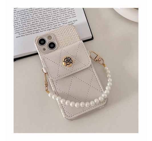 Flower Applique Phone Case With Pocket & Faux Pearl Wrist Strap For iPhone 11, 11 Pro, 11 Pro Max, 12/12 Pro, 12 Pro Max, 13, 13 Pro, 13 Pro Max, 14, 14 Plus, 14 Pro, 14 Pro Max
