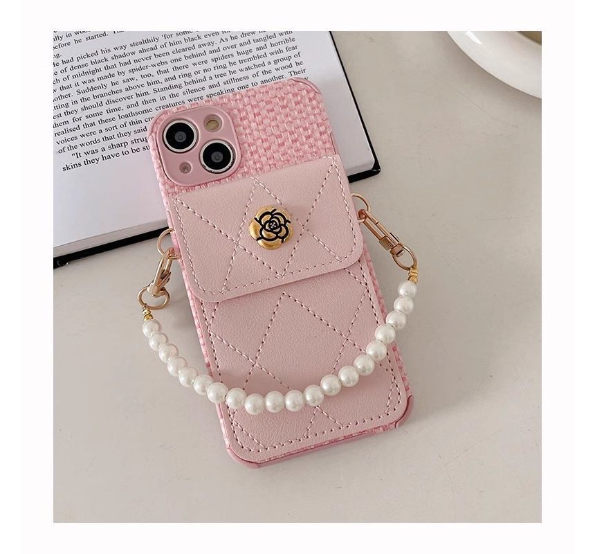 Flower Applique Phone Case With Pocket & Faux Pearl Wrist Strap For iPhone 11, 11 Pro, 11 Pro Max, 12/12 Pro, 12 Pro Max, 13, 13 Pro, 13 Pro Max, 14, 14 Plus, 14 Pro, 14 Pro Max