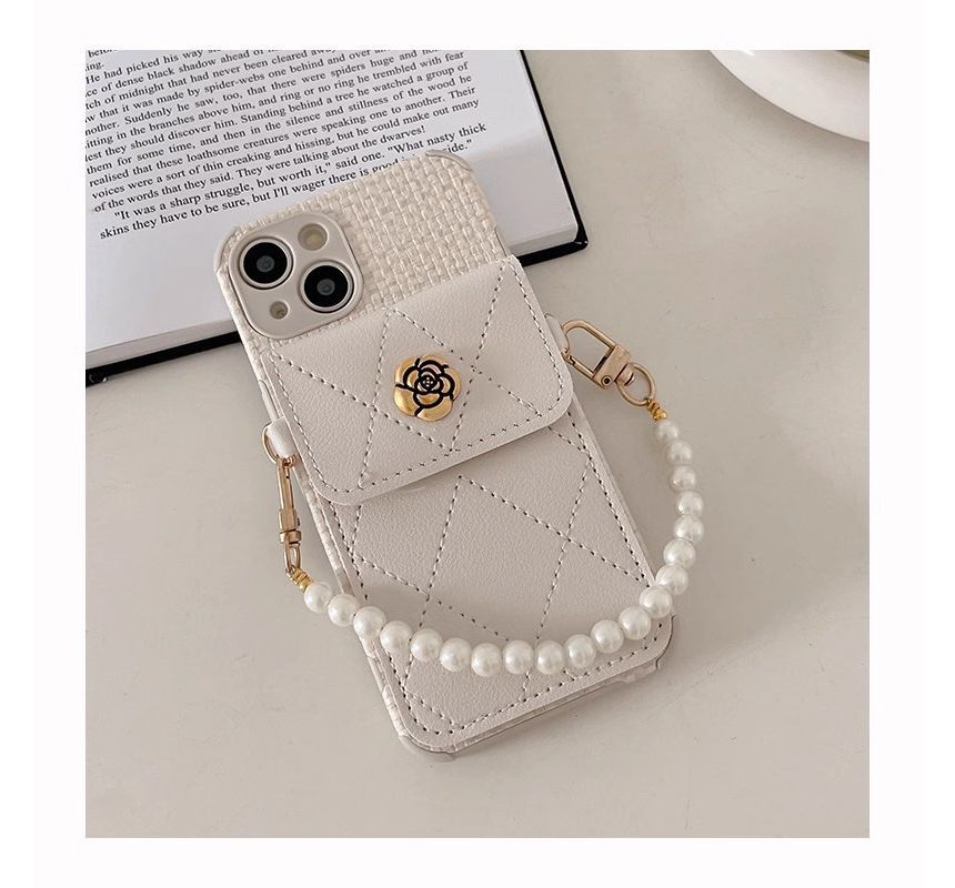 Flower Applique Phone Case With Pocket & Faux Pearl Wrist Strap For iPhone 11, 11 Pro, 11 Pro Max, 12/12 Pro, 12 Pro Max, 13, 13 Pro, 13 Pro Max, 14, 14 Plus, 14 Pro, 14 Pro Max