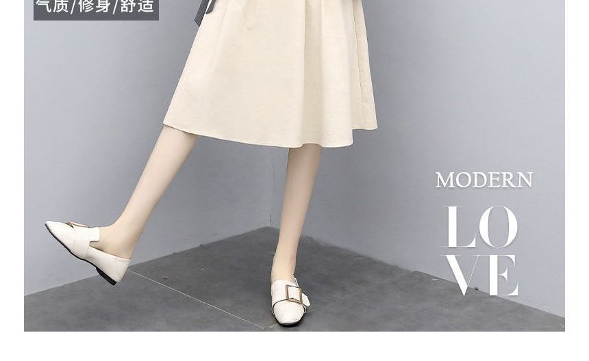 Set: Skirt Neck Midi Elastic T-Shirt Waist Round + Plain Short-Sleeve A-Line