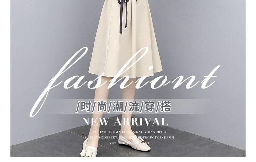 Set: Skirt Neck Midi Elastic T-Shirt Waist Round + Plain Short-Sleeve A-Line