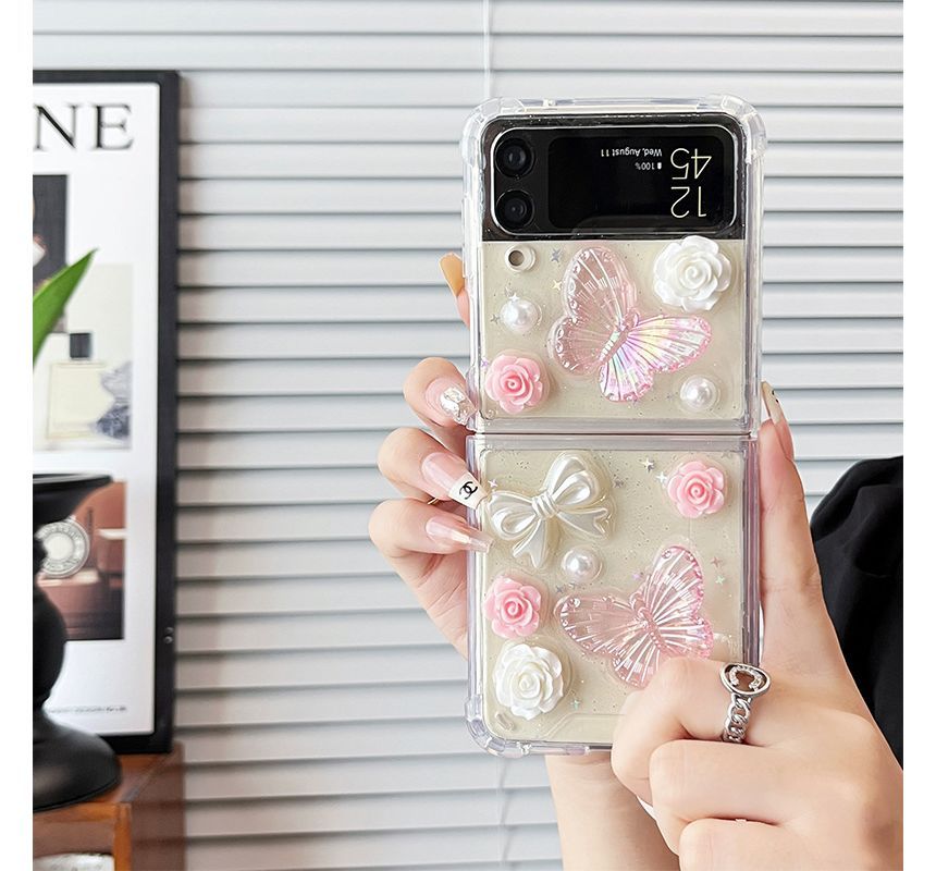 Butterfly Floral Faux Pearl Phone Case - Samsung Flip