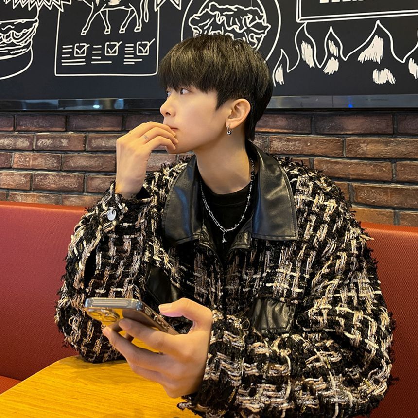 Collared Panel Faux Leather Tweed Button Jacket