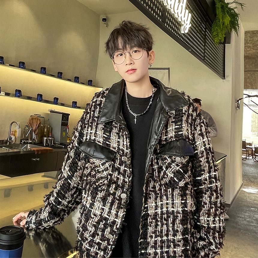 Collared Panel Faux Leather Tweed Button Jacket