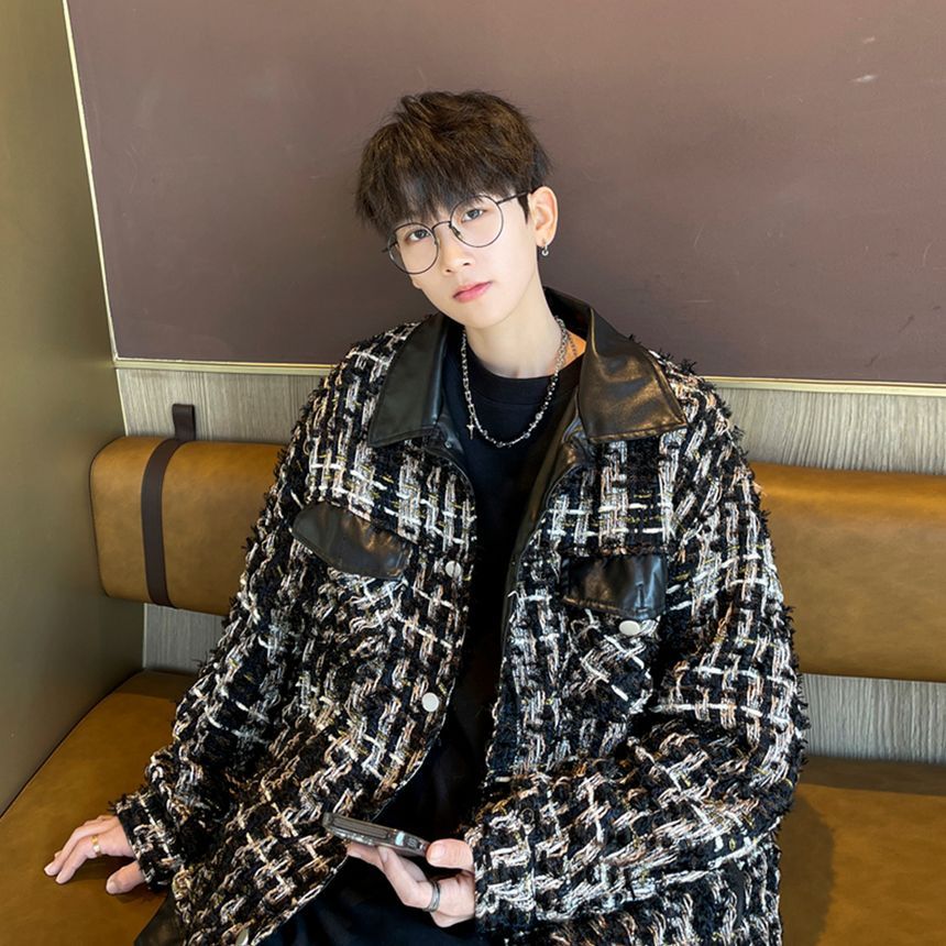 Collared Panel Faux Leather Tweed Button Jacket