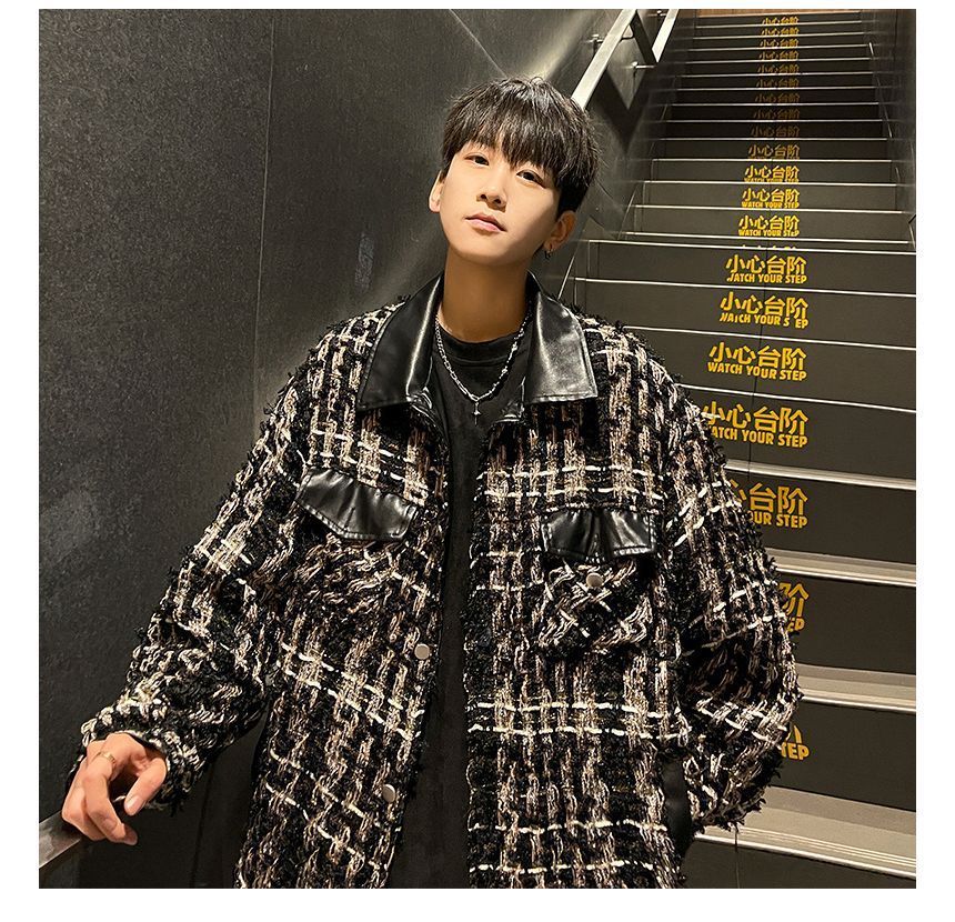 Collared Panel Faux Leather Tweed Button Jacket