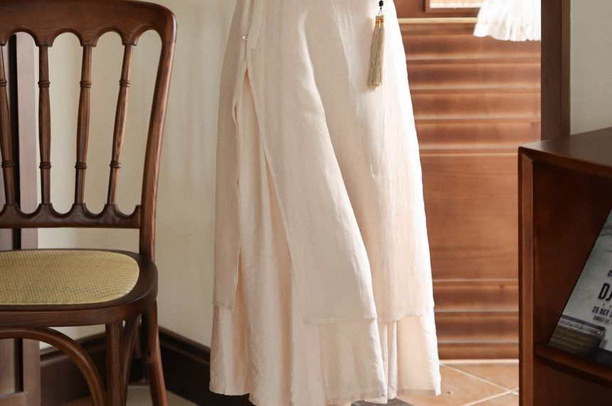 Set: Short-Sleeve Hanfu Long Top + Spaghetti Strap Plain Midi A-Line Dress