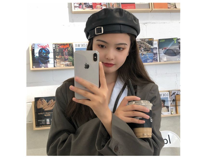 Leather Faux Buckled Beret