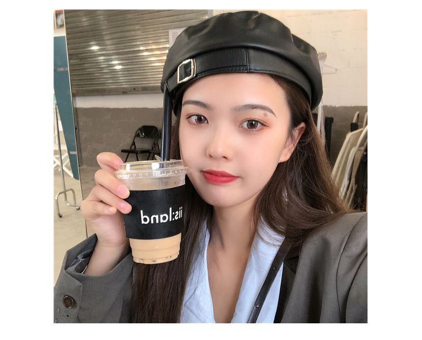 Leather Faux Buckled Beret