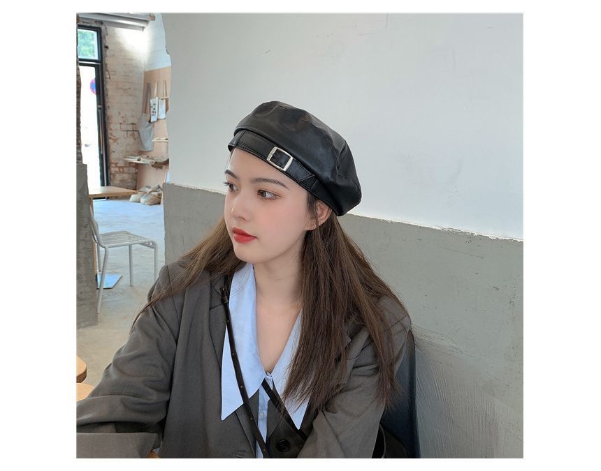 Leather Faux Buckled Beret