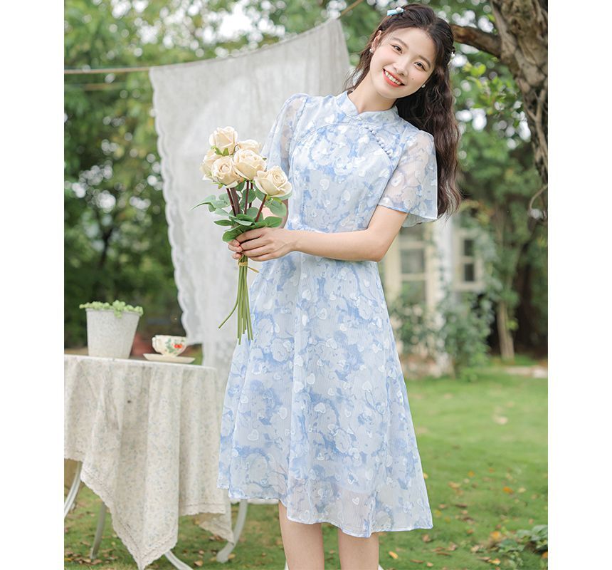 Short-Sleeve Band Collar  Floral Print Midi A-Line Dress