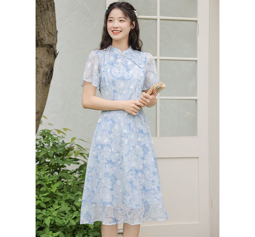 Short-Sleeve Band Collar  Floral Print Midi A-Line Dress