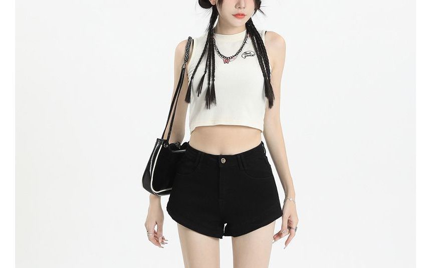 Mid Waist Washed Denim Shorts
