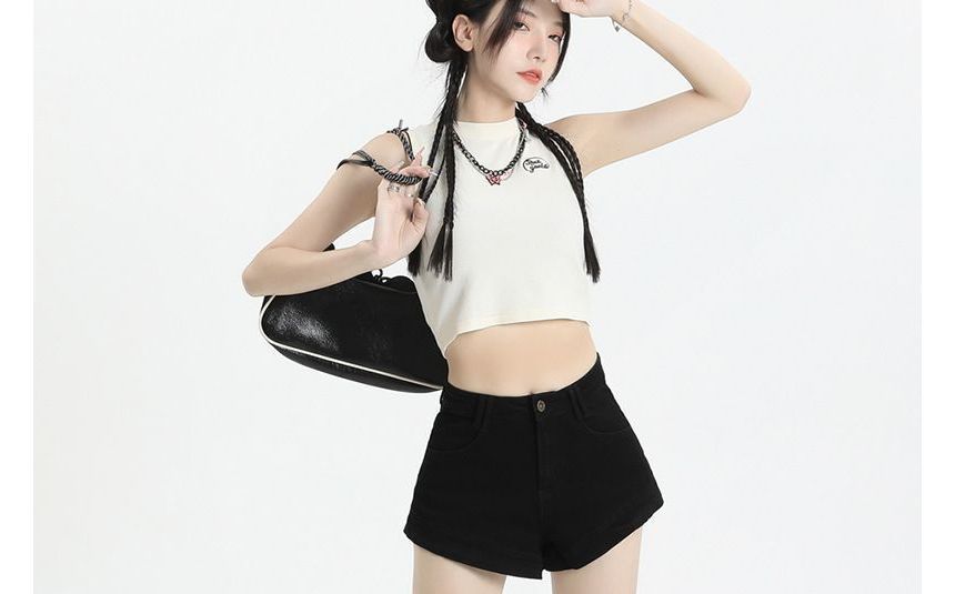 Mid Waist Washed Denim Shorts