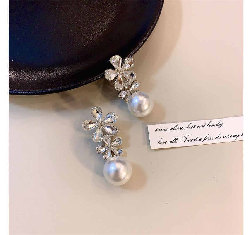 Faux Pearl Earring Flower Drop Rhinestone