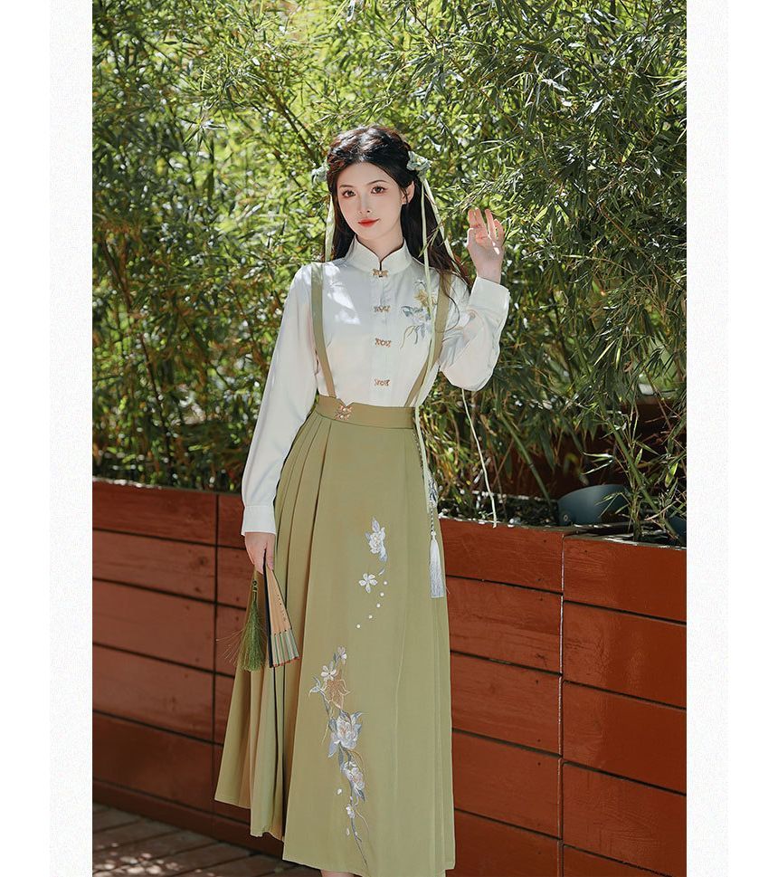 Long-Sleeve Embroidered Shirt / Maxi Pinafore Skirt / Set