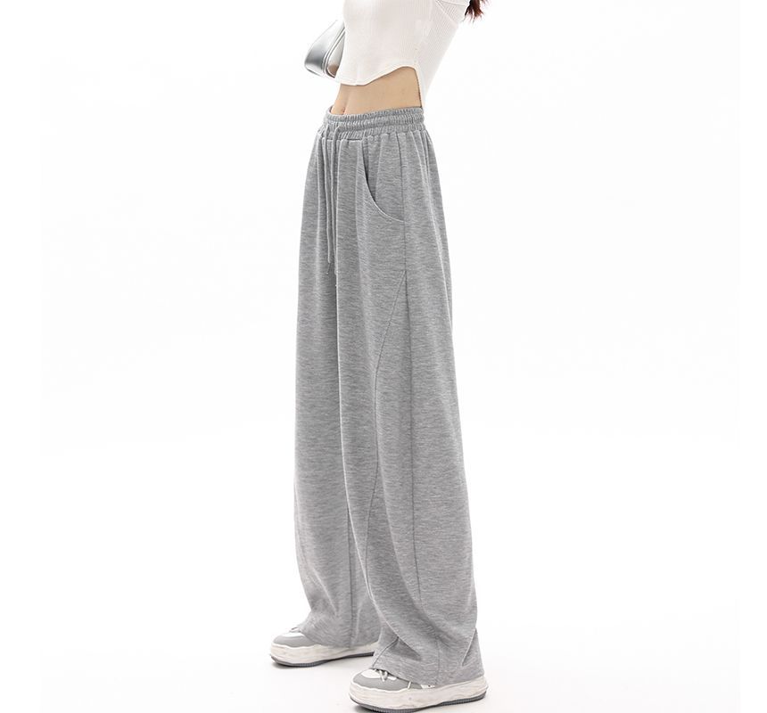 High Waist Plain Pocketed Drawstring Wide Leg Sweatpants