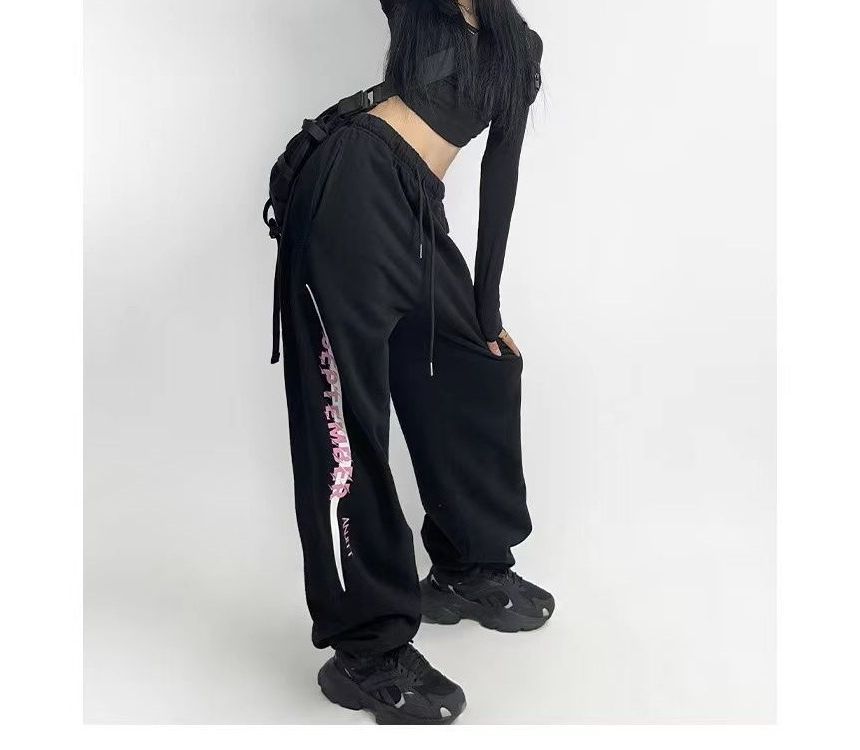 High Rise Lettering Print Straight-Fit Sweat Pants