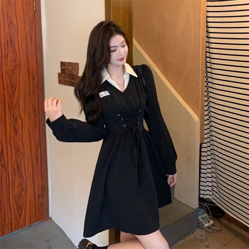 Contrast Collar Mini A-Line Puff-Sleeve Lace-Up Two-Piece Mock Dress