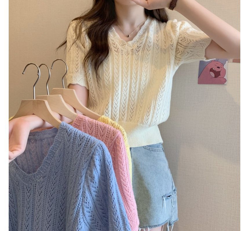 V-Neck Short-Sleeve Top Crochet Knit