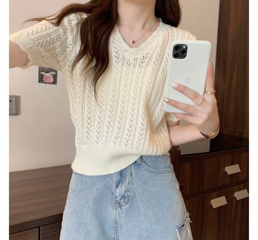 V-Neck Short-Sleeve Top Crochet Knit