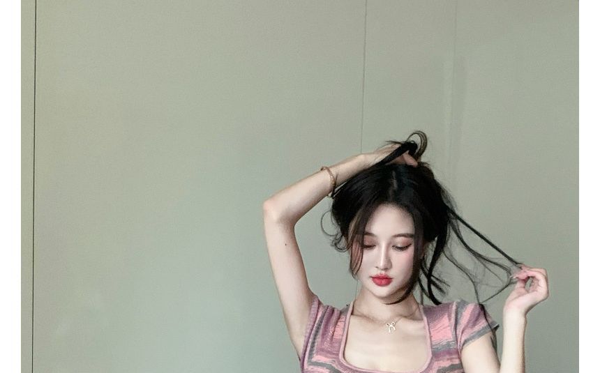 Dress Short-Sleeve Slim-Fit Mini Square-Neck Striped