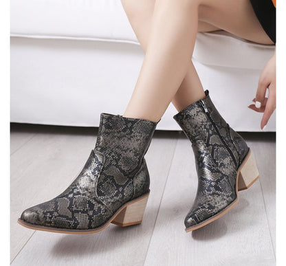 Snakeskin Print Chunky Heel Short Boots