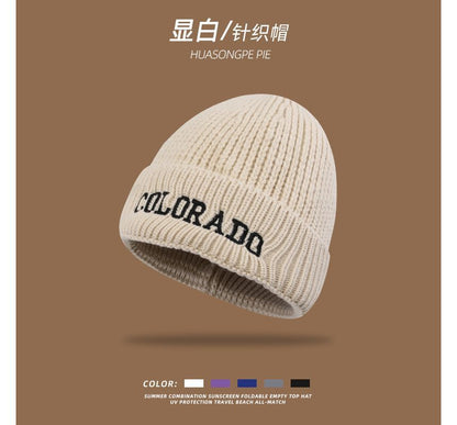 Lettering Embroidered Knit Beanie