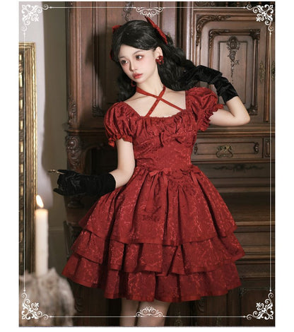 Short-Sleeve Square Neck Bow Floral Lolita A-Line Dress