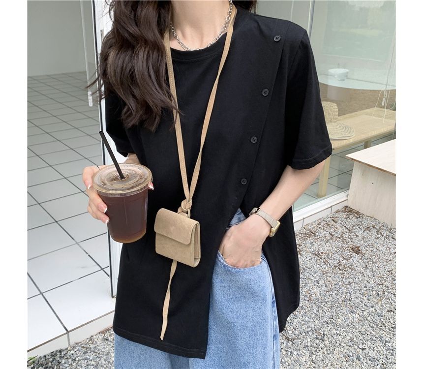 Neck Plain Crew Short-Sleeve Tee Side-Slit