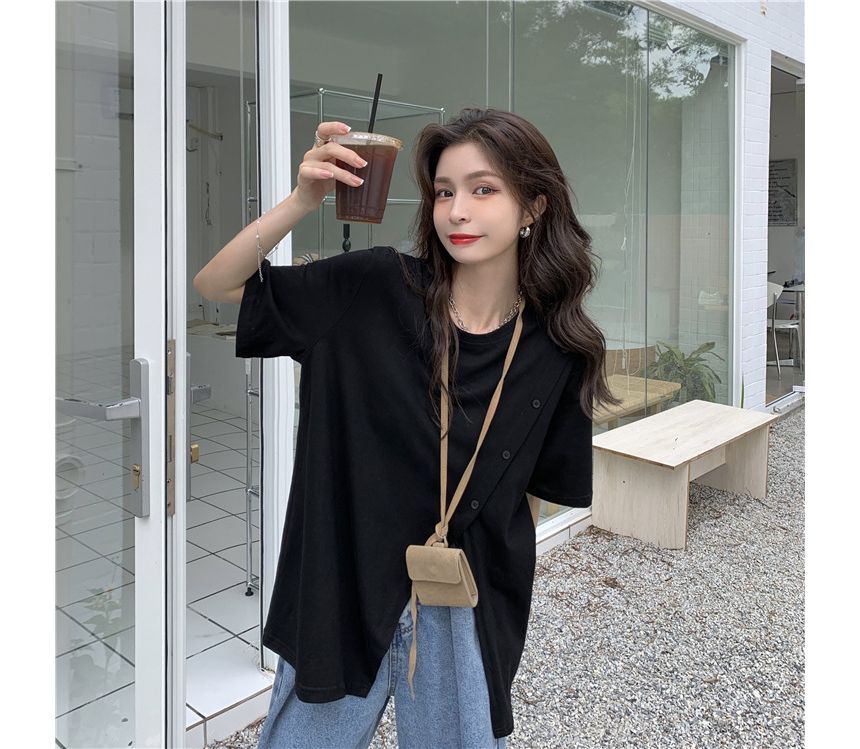 Neck Plain Crew Short-Sleeve Tee Side-Slit